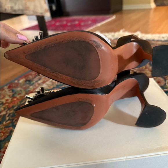 Amina Muaddi Black Satin Crystal-Embellished Slingback Pumps - Picture 3 of 4